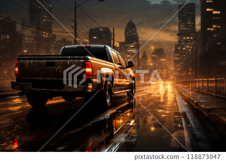 A pickup truck is driving along the road against the background of a red sunset and cityscape, a dark dramatic sky 118873047