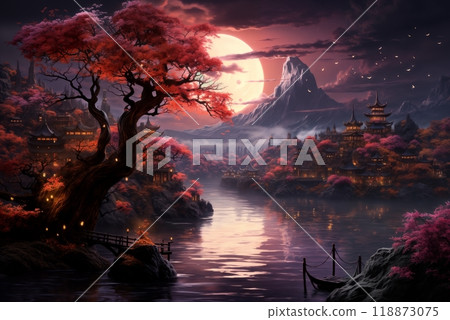 old town on a late rainy evening, wet pavement, street lights, old architecture in Japanese or Chinese style old town on a late rainy evening, wet pavement, street lights, old architecture in Japanese or Chinese style 118873075