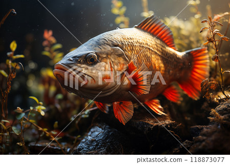 fish underwater close view, in a lake or river, fauna of the underwater world 118873077
