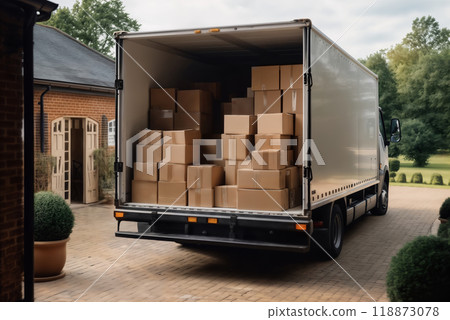 truck and boxes near the house, unloading and moving to another house 118873078