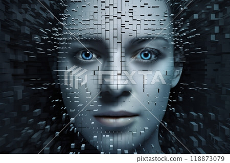 woman's face with 3D cubes and particles in space as symbol of augmented reality and computer technologies of future, close-up portrait, concept of cybernetics, biomechanics and robotics 118873079