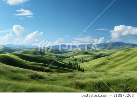A beautiful summer or spring landscape with green grass on the hills and green fields. The blue sky is filled with white clouds and bright sunlight. Nature as a background. 118873208