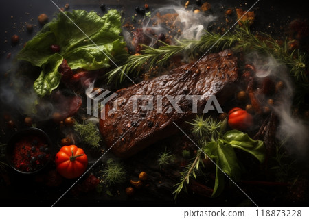 grilled meat and vegetables and herbs cooked on fire as a barbecue, roast in a frying pan, delicious food grilled meat and vegetables and herbs cooked on fire as a barbecue, roast in a frying pan, delicious food 118873228