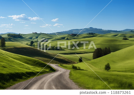 A beautiful summer or spring landscape with green grass on the hills and green fields. The blue sky is filled with white clouds and bright sunlight. Nature as a background. 118873261