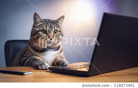 Cat staring at a computer - Working on a computer with the help of a cat Cat staring at a computer - Working on a computer with the help of a cat 118873401