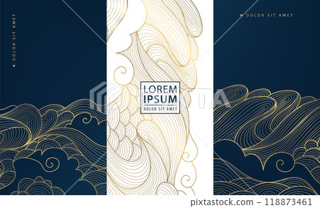Vector set of elegant glitter sea fames, luxury art deco wave covers, modern white and blue golden illustrations. Fancy wine package, ocean posters. Vector set of elegant glitter sea fames, luxury art deco wave covers, modern white and blue golden illustrations. Fancy wine package, ocean posters. 118873461
