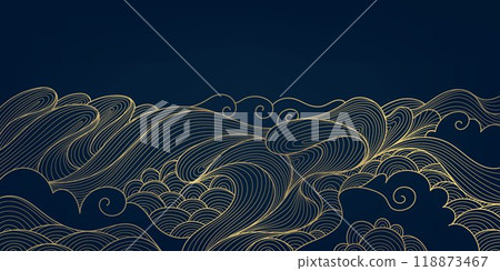 Vector wave line illustration, sea water pattern, curve graphic design element. Gold flow oriental ornament, japanese flow wallpaper. 118873467