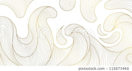Vector wave line illustration, sea water pattern, curve graphic design element. Gold flow oriental ornament, japanese flow wallpaper. 118873468