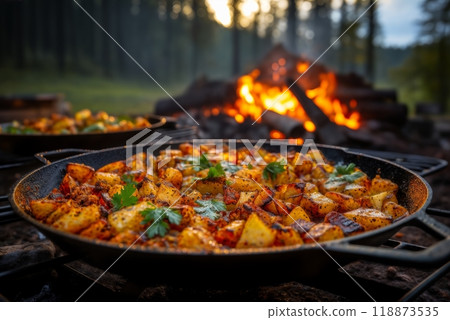 cooking potatoes on fire with herbs and vegetables, delicious food 118873535