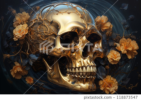 golden skull in flowers on a dark background 118873547