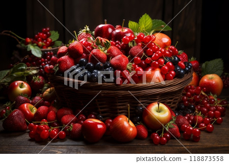 still life with bunches of grapes, berries and fresh and juicy fruits against a dark old wooden background, rural vintage style, the concept of fresh and healthy food still life with bunches of grapes, berries and fresh and juicy fruits against a dark old wooden background, rural vintage style, the concept of fresh and healthy food 118873558
