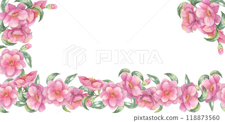 Pink camellia japonica flowers banner. Botanical watercolor clipart. This elegant floral design is suitable for creating wedding invitations, posters, and website embellishments Pink camellia japonica flowers banner. Botanical watercolor clipart. This elegant floral design is suitable for creating wedding invitations, posters, and website embellishments 118873560