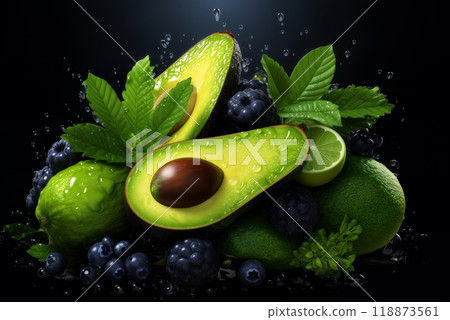 avocado and currants on black background avocado and currants on black background 118873561