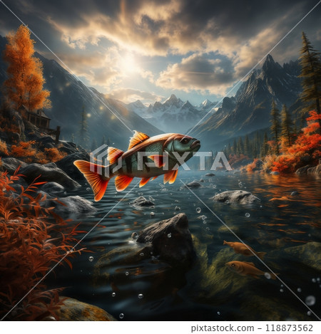 fish jumping out of the water, river in the valley against the background of mountains and sky at sunset, beautiful nature fish jumping out of the water, river in the valley against the background of mountains and sky at sunset, beautiful nature 118873562