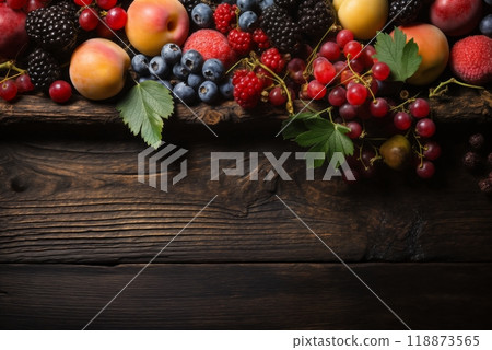 still life with bunches of grapes, berries and fresh and juicy fruits against a dark old wooden background, rural vintage style, the concept of fresh and healthy food 118873565