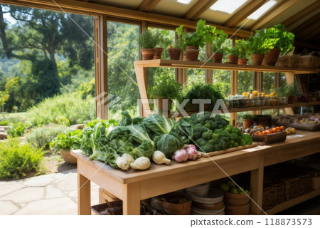 a counter with vegetables and herbs in a wooden interior, view the beautiful summer landscape outside the window 118873573
