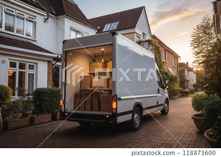 truck and boxes near the house, unloading and moving to another house truck and boxes near the house, unloading and moving to another house 118873600
