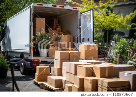 truck and boxes near the house, unloading and moving to another house truck and boxes near the house, unloading and moving to another house 118873607