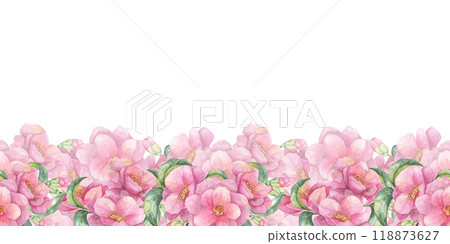 Pink flowers and green foliage form a lower-edge seamless border in this watercolor clipart. Camellia japonica for adding a delicate touch to wedding stationery, digital banners, or printable invites Pink flowers and green foliage form a lower-edge seamless border in this watercolor clipart. Camellia japonica for adding a delicate touch to wedding stationery, digital banners, or printable invites 118873627