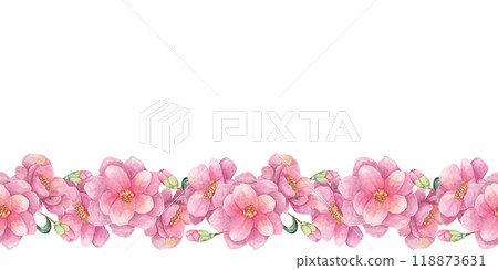 Pink camellia japonica flowers in a horizontal seamless border on the watercolor clipart. The soft and natural floral pattern is ideal for wedding invitations, greeting cards, and printable designs 118873631
