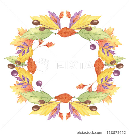 Autumn watercolor clipart wreath showcasing an arrangement of yellow, orange, and purple leaves in a circular frame. Ideal for seasonal invitations, scrapbooking, and autumn-themed decor Autumn watercolor clipart wreath showcasing an arrangement of yellow, orange, and purple leaves in a circular frame. Ideal for seasonal invitations, scrapbooking, and autumn-themed decor 118873632