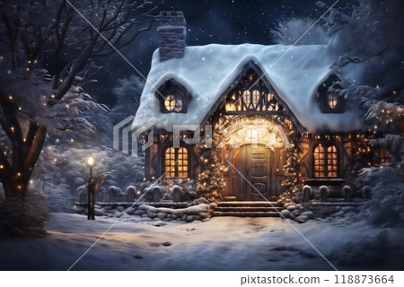 village street in winter season decorated for Christmas or New Year holiday, beautiful view of exteriors of houses , snow, sunset, street lights, festive environment 118873664