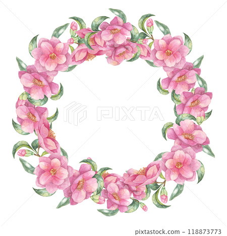Pink camellia watercolor clipart with a circular arrangement of flowers and leaves forming a wreath. Round frame for labels, cosmetics, scrapbooking, seasonal decor, and custom gifts Pink camellia watercolor clipart with a circular arrangement of flowers and leaves forming a wreath. Round frame for labels, cosmetics, scrapbooking, seasonal decor, and custom gifts 118873773