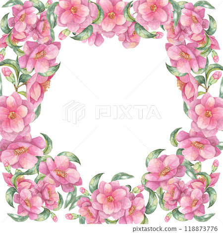 Camellia japonica watercolor clipart featuring a dense pink floral frame on a square background. Ideal for creating custom invitations, digital designs, scrapbooking, and decorative prints Camellia japonica watercolor clipart featuring a dense pink floral frame on a square background. Ideal for creating custom invitations, digital designs, scrapbooking, and decorative prints 118873776