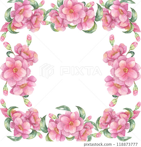 Pink camellia watercolor clipart displaying individual blooms and leaves in a square frame. This versatile design can be used for DIY crafts, print-on-demand products, and custom stationery 118873777