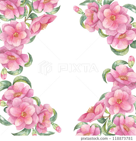 Pink camellia japonica watercolor clipart depicting blooming flowers adorning two sides of a square frame. Floral design ideal for wedding invitations, decorative cards, and digital designs Pink camellia japonica watercolor clipart depicting blooming flowers adorning two sides of a square frame. Floral design ideal for wedding invitations, decorative cards, and digital designs 118873781