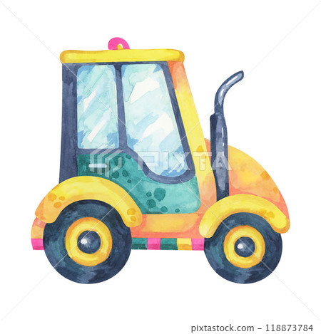 Tractor in green and yellow colors, cartoon style car. Construction site vehicle or farmhouse transport , ideal for farm-themed designs, children's clothes, or agricultural educational content 118873784