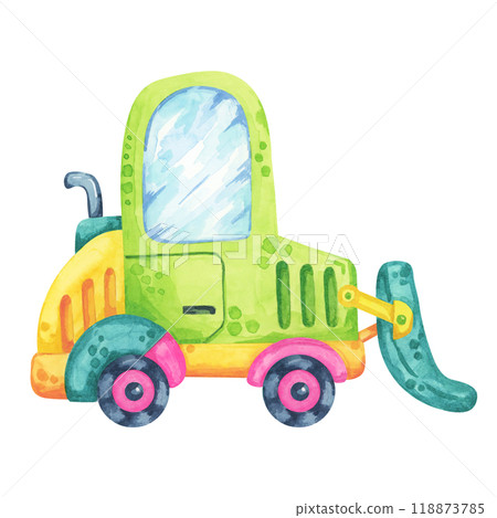 Forklift in green and yellow colors, cartoon style car. Construction site vehicle watercolor clipart, suitable for warehouse-themed designs, children's materials, or roadworks illustrations. 118873785