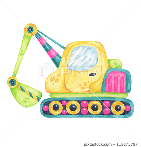 Excavator truck in cartoon style with yellow and green colors. Building site vehicle watercolor clipart suitable for construction-themed illustrations, children's rooms, or educational content Excavator truck in cartoon style with yellow and green colors. Building site vehicle watercolor clipart suitable for construction-themed illustrations, children's rooms, or educational content 118873787