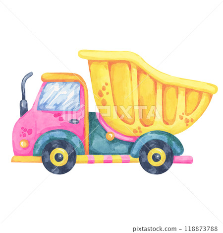 Dump truck car in cartoon style with yellow and pink accents. Building site vehicle, traffic watercolor clipart perfect for construction-themed designs, kids' room decor, or educational resources. Dump truck car in cartoon style with yellow and pink accents. Building site vehicle, traffic watercolor clipart perfect for construction-themed designs, kids' room decor, or educational resources. 118873788