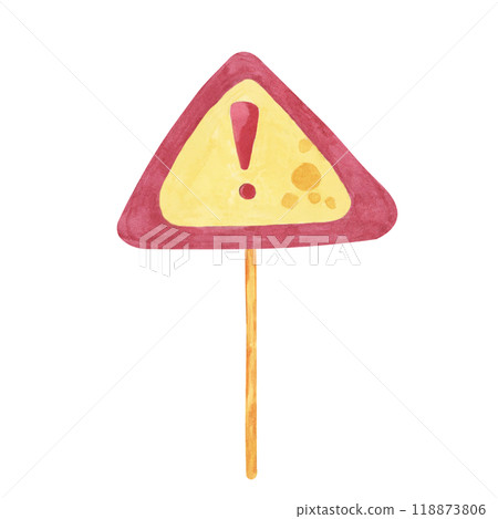 Triangular yellow and red caution sign with an exclamation mark, done in cartoon style. Watercolor clipart Perfect for safety-themed designs, educational content, or traffic, construction projects 118873806