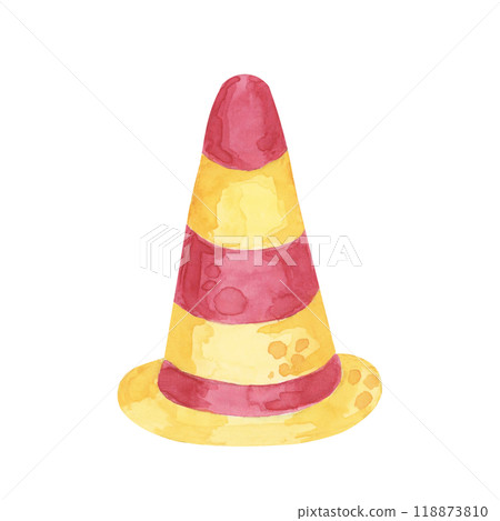 Traffic cone with red and yellow stripes in cartoon style. Watercolor clipart perfect for use in educational resources, construction-themed decorations, traffic or safety materials Traffic cone with red and yellow stripes in cartoon style. Watercolor clipart perfect for use in educational resources, construction-themed decorations, traffic or safety materials 118873810