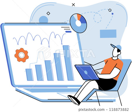 Person using laptop surrounded by business icons, work with digital technology, remote office. Businessman or freelancer with computer searching for information. Technical analysis research concept 118873882