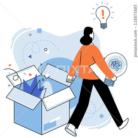 Business solutions and difficult problem solving process concept. Find project missing parts in box and complete for goal success. Smart work decision and choice from leader. Think outside box 118873885
