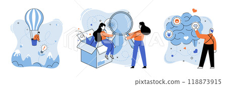 Thought process vector illustration. Brainstorming sessions illuminate path to creative solutions Solutions materialize through process intelligent analysis Learning enhances intelligence applied 118873915