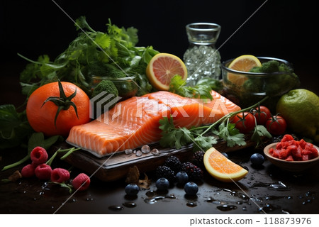 fillet of fish, with vegetables and herbs served on a plate with herbs, a delicious dish 118873976