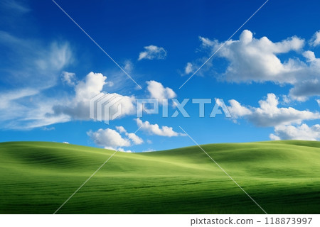 A beautiful summer or spring landscape with green grass on the hills and green fields. The blue sky is filled with white clouds and bright sunlight. Nature as a background. 118873997