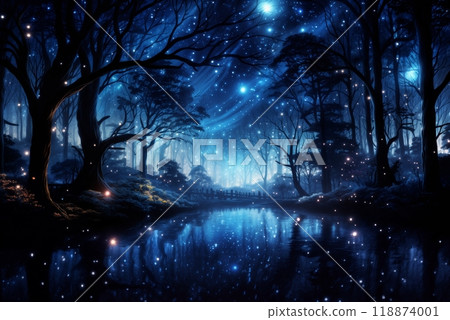 night fairy forest with flying lights and glow reflected in the water, black silhouettes of trees against the starry sky night fairy forest with flying lights and glow reflected in the water, black silhouettes of trees against the starry sky 118874001