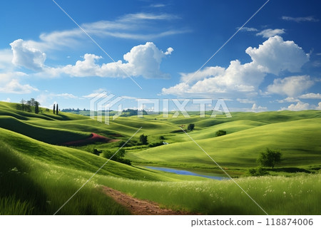 A beautiful summer or spring landscape with green grass on the hills and green fields. The blue sky is filled with white clouds and bright sunlight. Nature as a background. 118874006