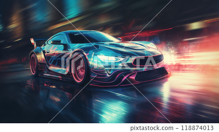 a modern high speed car rushes down the street of a night city, engulfed in flames or plasma, street lights, road, blurred motion 118874013