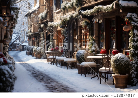 a city street in a winter, snow covered houses and trees, facades of houses decorated for Christmas or New Year, festive environment 118874017