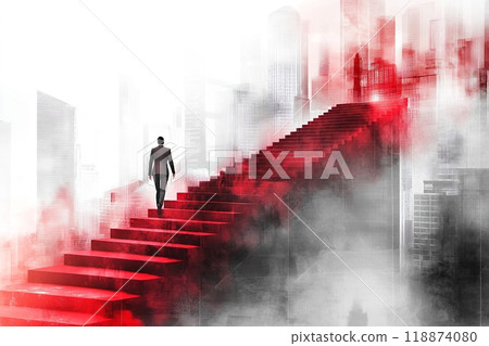 Businessman climbing the stairs to success despite anxiety Businessman climbing the stairs to success despite anxiety 118874080