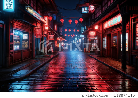 Asian night city street, lights reflected after rain 118874119