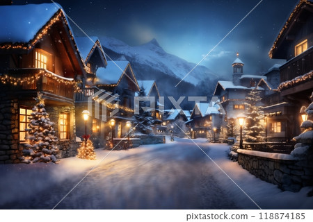 beautiful view of village street in winter, exteriors of houses decorated for Christmas or New Year holiday, snow, street lights, festive environment 118874185