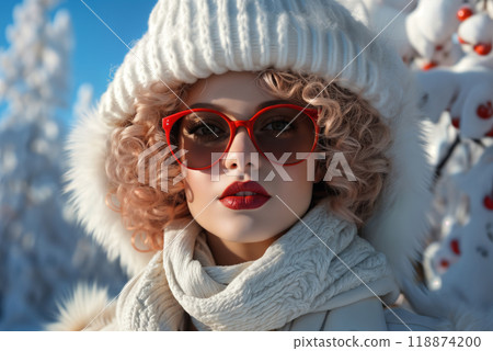Portrait of a fashionable and elegant girl in a winter forest, face makeup, red lips and glasses, hairstyle, bright snow and tree shadows, style and fashion 118874200