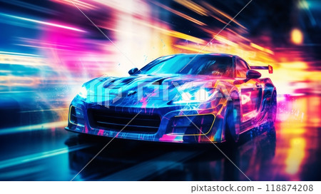 a modern high speed car rushes down the street of a night city, engulfed in flames or plasma, street lights, road, blurred motion a modern high speed car rushes down the street of a night city, engulfed in flames or plasma, street lights, road, blurred motion 118874208